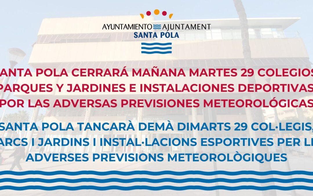 Santa Pola cerrará mañana colegios, parques y jardines e instalaciones deportivas por las adversas previsiones meteorológicas