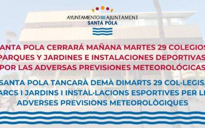 Santa Pola cerrará mañana colegios, parques y jardines e instalaciones deportivas por las adversas previsiones meteorológicas