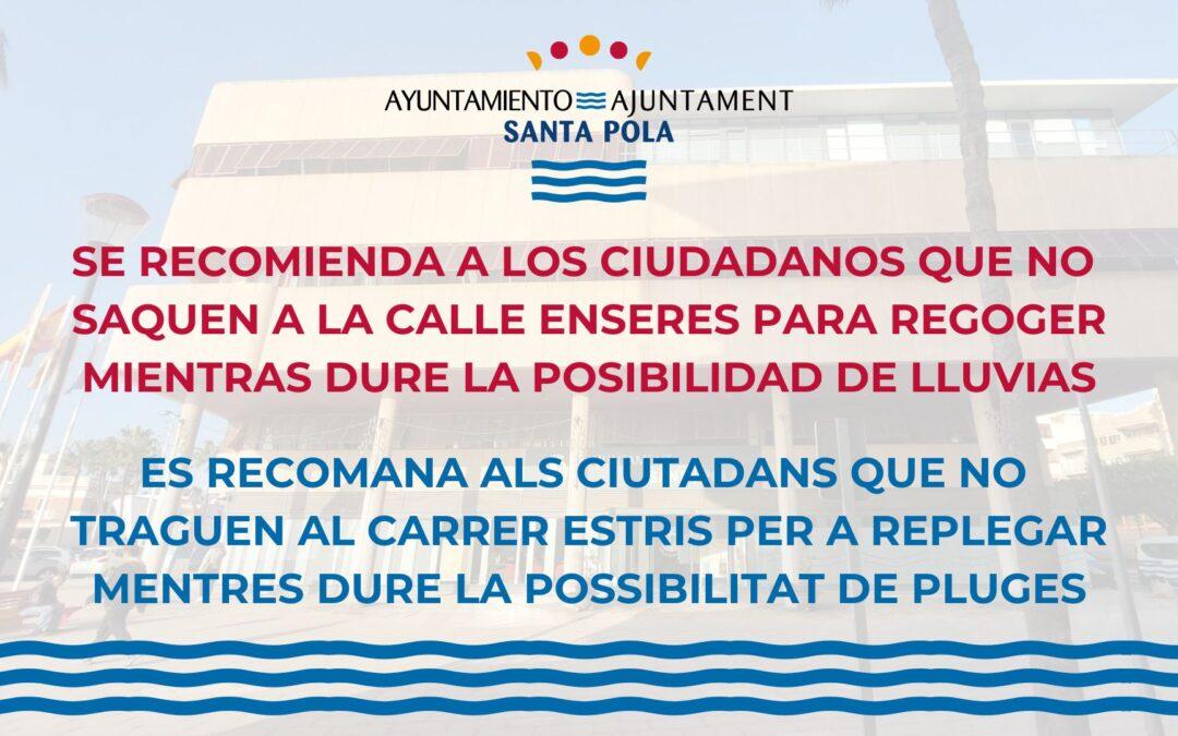 La comisión de emergencias de Santa Pola pide a los ciudadanos que no saquen enseres a la calle