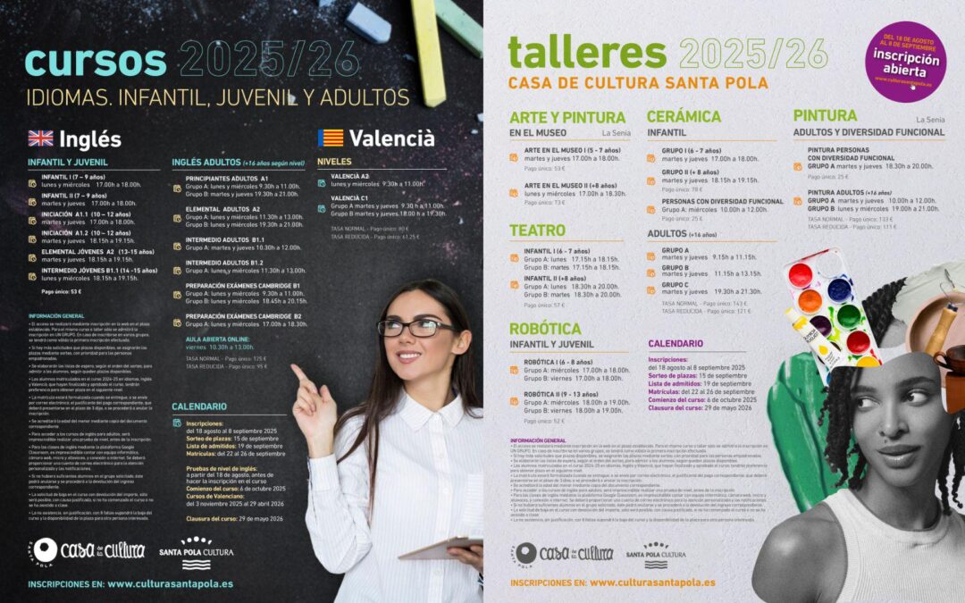 El 18 d’agost s’obri el termini d’inscripció als cursos i tallers de la Casa de Cultura