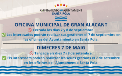 La oficina municipal de Gran Alacant permanecerá cerrada los días 7 y 8 de septiembre