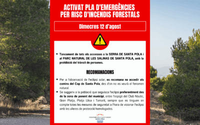 Santa Pola tancarà accessos a la Serra i Salinas este dimecres davant la preemergència nivell 3 per risc d’incendis forestals