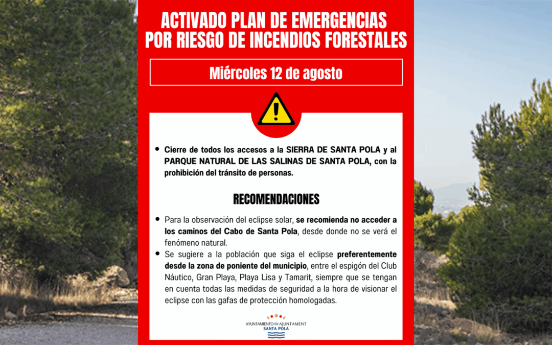 Santa Pola cerrará accesos a la Sierra y Salinas este miércoles ante la preemergencia nivel 3 por riesgo de incendios forestales